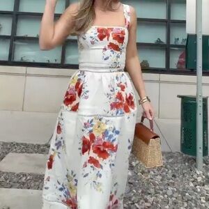 Reformation White Floral Midi Dress with Red & Yellow Blooms